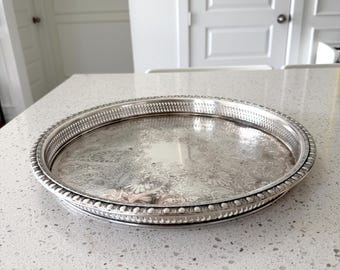Vintage Silver-Plated Gallery Tray, Engraved Floral Serving Tray, Mid-Century Bar Cart Decor