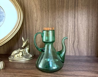 Vintage Hand-Blown Green Glass Oil Cruet Spanish Empoli Genie Decanter