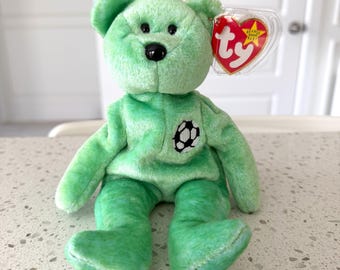 Vintage 1999 Ty Kicks the Soccer Bear, Lime Green Plush, Embroidered Ball Emblem, Original Tag