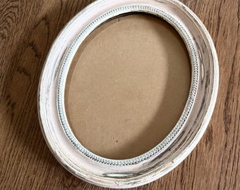 Vintage Oval Wooden Picture Frame, Distressed Whitewashed Finish, Beaded Trim