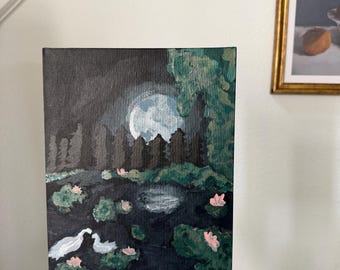 Original Acrylic Painting: Two White Swans, Moonlit Pond, Night Landscape (Unframed Canvas)