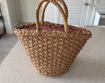 Vintage Straw Basket Handbag Red Gingham Lining Picnic and Beach Tote