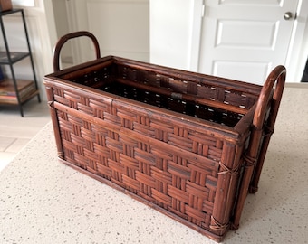 Vintage Woven Bamboo Storage Basket, Rectangular Planter, Deep Brown Handles