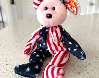 Vintage Spangle the Bear Beanie Baby 1999, Retired Patriotic Ty Bear, Original Tag
