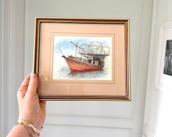 Vintage Framed Watercolor Painting of a Fishing Boat Gallery Framing