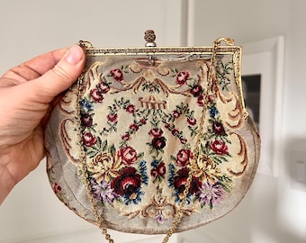 Vintage Petit Point Tapestry Handbag with Floral Embroidery and Gold-Tone Frame