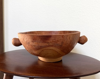 Vintage Hand-Carved Wooden Bowl with Handles Rustic Bowl Farmhouse Décor