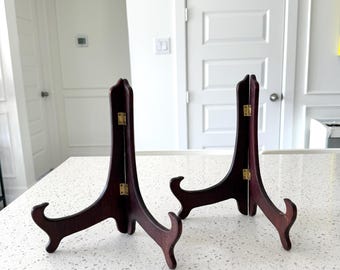 Vintage Wooden Folding Display Easel Stands Dark Stained Wood Plate Holders Set of 2