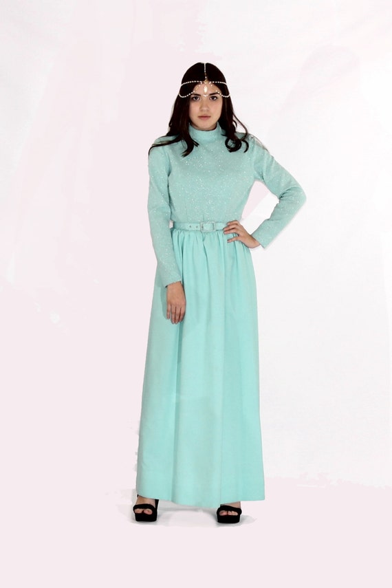 Vintage Aqua Blue Long Sleeve Maxi Dress