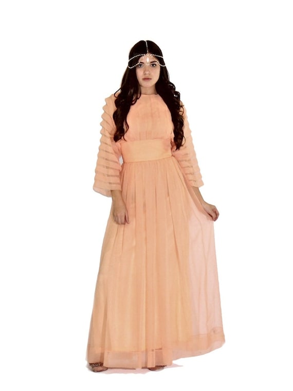 Peach Chiffon Bohemian Maxi Dress XS S