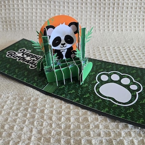 May include: A pop-up greeting card featuring a panda bear. The card has a green background with a paw print and the words "Happy Birthday." The panda is in front of an orange circle, with green bamboo stalks.