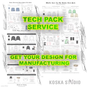 Op de afbeelding: Een verzameling mode-ontwerp tech packs, waaronder denim shorts, een zip-up hoodie en een leren bikerjack. De afbeelding toont technische tekeningen en specificaties, met de tekst "TECH PACK SERVICE" en "GET YOUR DESIGN FOR MANUFACTURING".