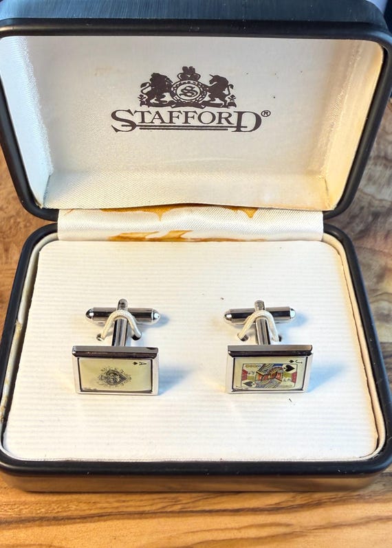 Vintage Stafford Playing Card Cufflinks Ace of Spades Jack of Spades Poker Gambling Cufflinks Original Metal Case