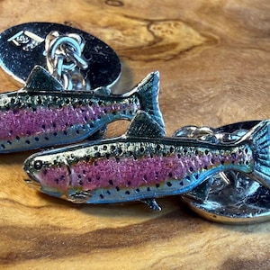 Nicole Barr Fish Cufflinks – Enamel Trout Cufflinks – Designer Fishing Cufflinks – Fly Fishing Jewelry – Signed Vintage Mens Cufflinks