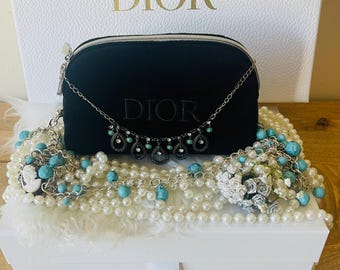 Upcycled Dior Black Velvet Mini Bag with Turquoise Chain, Statement Crossbody Purse