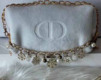 Upcycled Dior White Velvet Clutch – Snowflake Charm Evening Bag, Pearls, Crystals
