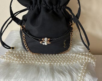 ReviveLuxe Upcycled YSL Bucket Bag | Pearl & Gold Chain Evening Bag