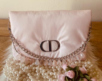 Upcycled Dior Mini Bag with crystal Chain Strap, Waterproof Organizer Insert
