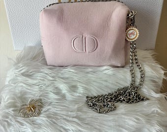 Upcycled Dior Beauty Bag | Pink Pearl Charm Crossbody Purse