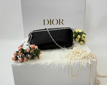 Upcycled Dior Black Embossed Pouch Chain Crossbody Bag, Minimalist Evening Accessory