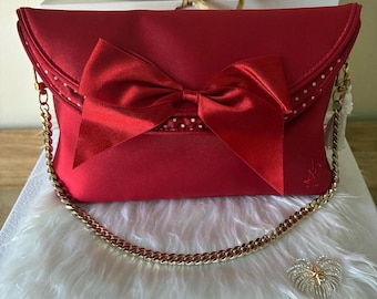 Red Satin Bow Clutch | Upcycled YSL Evening Bag with Gold Chain