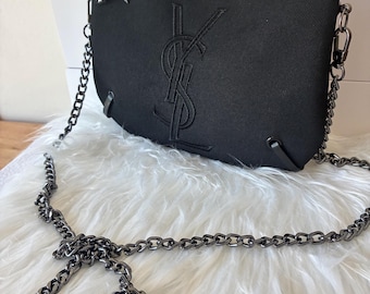 ReviveLuxe Black YSL Upcycled Crossbody Bag | Embossed Logo Chain Clutch | Minimalist Luxury Shoulder Bag