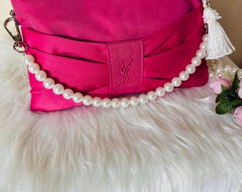 ReviveLuxe Upcycled YSL Clutch | Pearl Strap Pink Satin Evening Bag