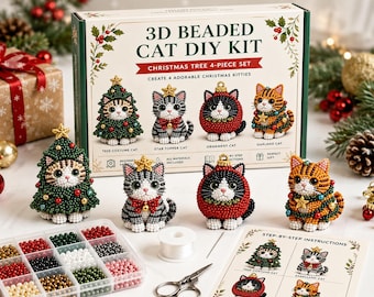 Kit de bricolaje 3D de gato navideño con cuentas, juego de 4 piezas, kit de cuentas para gato con gorro y calcetín de Papá Noel, kit de manualidades festivas de animales para adultos, regalo de decoración navideña