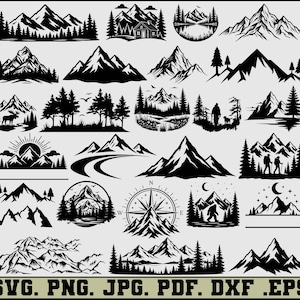 以下が含まれることがあります： 山脈、松林、山小屋、コンパス、ハイカー、野生動物のシルエットを描いた白黒のベクターイラスト集。画像の下部にはSVG. PNG. JPG. PDF. DXF .EPSというテキストが表示されています。