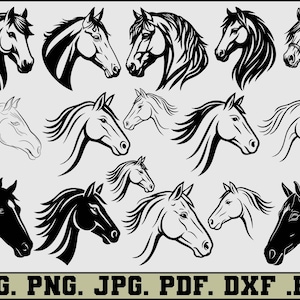 May include: A collection of horse head illustrations in various styles, including detailed line art and solid black silhouettes. The image features multiple designs, with the text "SVG. PNG. JPG. PDF. DXF .EPS" at the bottom.