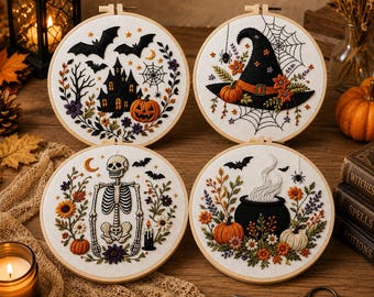 Halloween Embroidery Kit with 15cm Faux Bamboo Hoop DIY Needlework Craft Set, Spooky Pumpkin Witch Skeleton Bat Pattern, Not a Finished Item