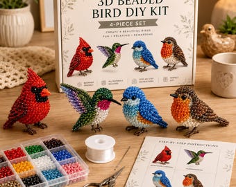 3D Beaded Bird DIY Kit 4-Piece Cardinal Hummingbird Bluebird Robin Beading Craft Set Beginner Beaded Figurine Kit Gift for Bird Lovers