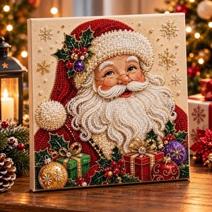 May include: A square diamond painting canvas featuring a detailed portrait of Santa Claus with a white beard, wearing a red hat with white trim. The design includes holly leaves, red berries, gold and red gift boxes, and gold snowflake accents.
