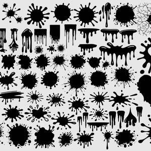 May include: A collection of black ink splatters and drips in various shapes and sizes. Includes splatters, drips, and heart shapes, perfect for graphic design projects. The image is on a light gray background.