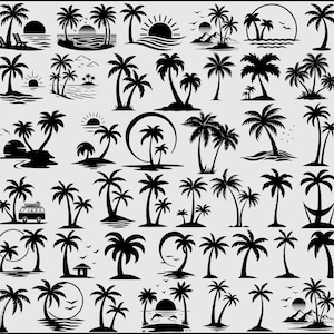 May include: A collection of black silhouette graphics featuring various palm tree designs, tropical island scenes, sunsets, ocean waves, birds, a camper van, and a hammock, all arranged in a grid pattern on a light gray background.