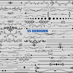 Può includere: Una collezione di 55 elementi di design decorativi neri, tra cui divisori, bordi e decorazioni, visualizzati su uno sfondo grigio chiaro. I design variano nello stile, da floreale a geometrico, per progetti creativi.