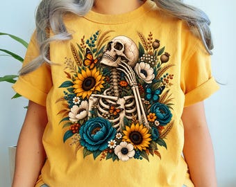 Floral Skeleton PNG Digital Download, Boho Botanical Skull Clipart, Dark Cottagecore Sublimation DTF Design, Gothic Skull T Shirt PNG