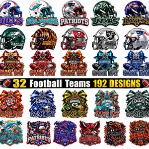 May include: A digital collection of 32 football team graphics featuring helmets, bows, and team logos with the text 32 Football Teams 192 DESIGNS. The designs include various NFL team emblems, colors, and game day themes in a grid layout.