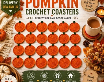 Pumpkin Coaster Set Crochet Pattern, Coasters Become One 3D Pumpkin, Handmade Drink Mats, Farmhouse Decor for Fall, Halloween Kitchen Gifts