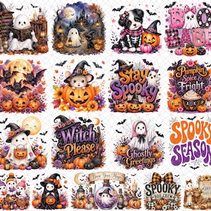 Pacchetto PNG di Halloween con 42 disegni, design vintage per maglietta di Halloween con raccolto autunnale, simpatico fantasma/zucca per sublimazione, stagione spettrale autunnale PNG, PDF