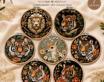 Tiger Floral Embroidery Kit, Wildlife Needlework Craft Set, Beginner DIY Jungle Animal, Threads Needle Instructions for Beginners Stitching