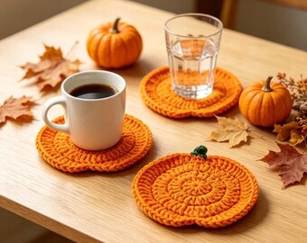 Pumpkin Coaster Set Crochet Pattern, Coasters Become One 3D Pumpkin, Handmade Drink Mats, Farmhouse Decor for Fall, Halloween Kitchen Gifts