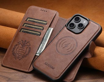 For PU Leather Magnetic Wallet Phone Case, Wireless Charging Card Holder Stand, Flip Cover for iPhone 17 Pro Max 16 Plus 15 14 13 12 NEW