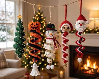 Christmas Snowman Spiral Spring Ornament Set Crochet Diy, Handmade Gift Halloween, Pumpkin, Hand‑Knitted Xmas Hanging Decor Soft, 11.81 in