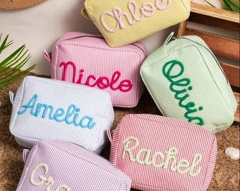 Monogrammed Seersucker Toiletry Bag: Custom Bridesmaid Makeup Bag