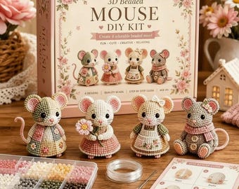 Kit de bricolaje de ratón 3D con cuentas, kit de manualidades de animales con cuentas, kit de figura de ratón hecha a mano, arte de ratones florales con cuentas, regalo de bricolaje para adolescentes y adultos.