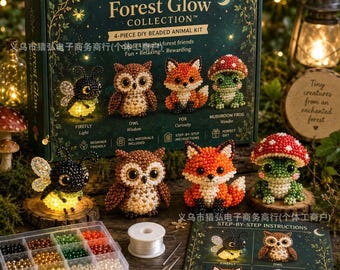 Kit de manualidades con cuentas de la colección Forest Glow, juego de abalorios 4 en 1 con luciérnagas, búhos, zorros y ranas, kit de manualidades ideal para principiantes, regalo mágico del bosque para artesanos.