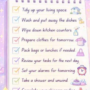May include: A pastel-colored illustration of a night routine checklist. The checklist includes tasks like tidying up, washing dishes, and skincare. A crescent moon, clouds, and stars decorate the top. A candle, sleep mask, and pen are at the bottom.