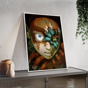 Cool | Akaza Demon Slayer | Plakat z surrealistyczną maską z rozszczepioną twarzą | Plakat