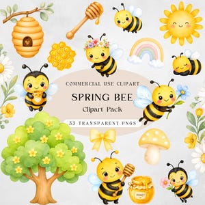May include: A collection of watercolor illustrations featuring bees, a beehive, honey, a rainbow, and a smiling sun. The text reads "SPRING BEE Clipart Pack" and "33 Transparent PNGs". The images are in a cheerful, spring-themed style.